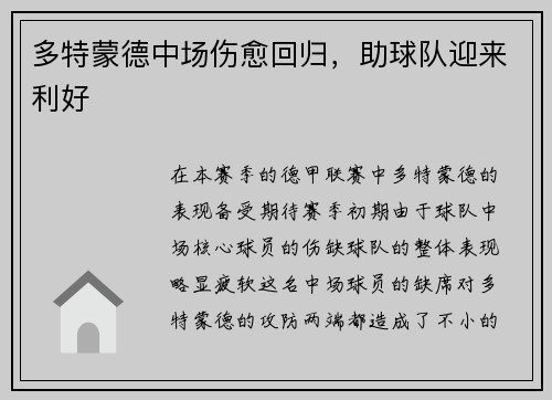 多特蒙德中场伤愈回归，助球队迎来利好